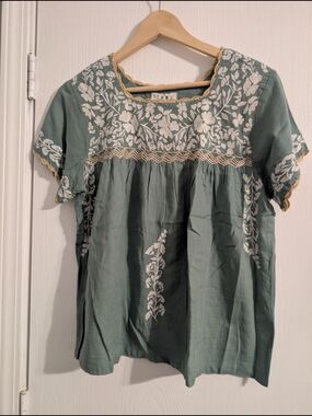 THML Sage Green Embroidered Cotton Peasant Blouse with Gold Trim